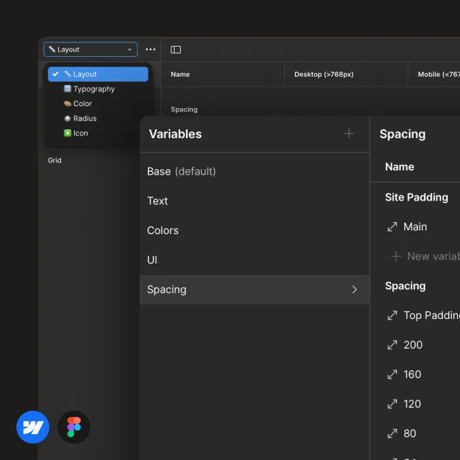 Framer interface showing the variables panel with color tokens and design settings.
