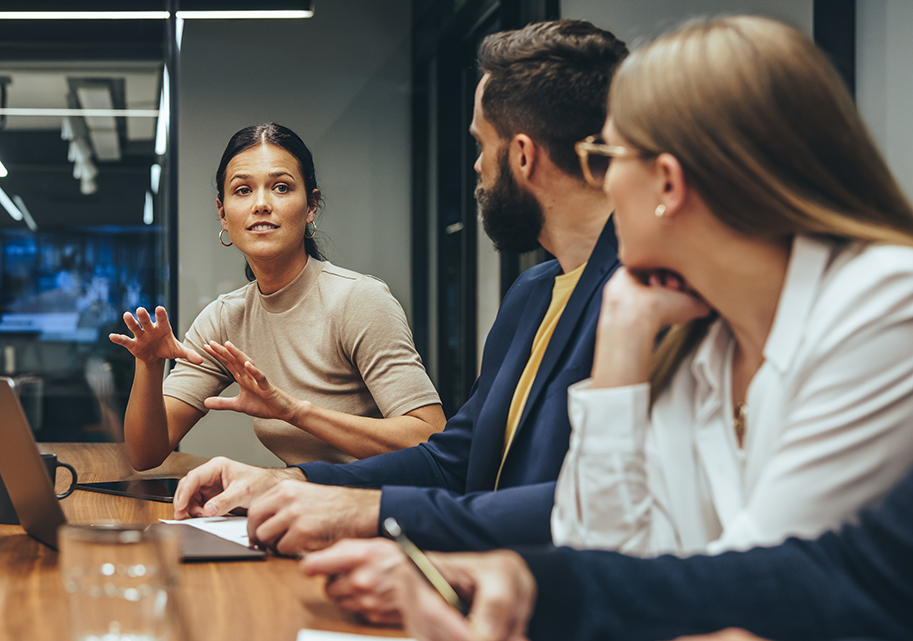 Group of three professionals sitting at a desk, the two closest to the camera are watching a woman talk with hand motions.
