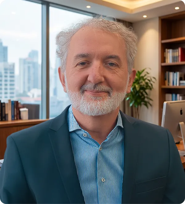 Smiling middle-aged man with gray hair and beard wearing a blue striped shirt and dark blazer in an office with bookshelves and a city view window.