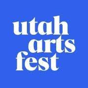 Logo with white text reading 'utah arts fest' on a blue background.