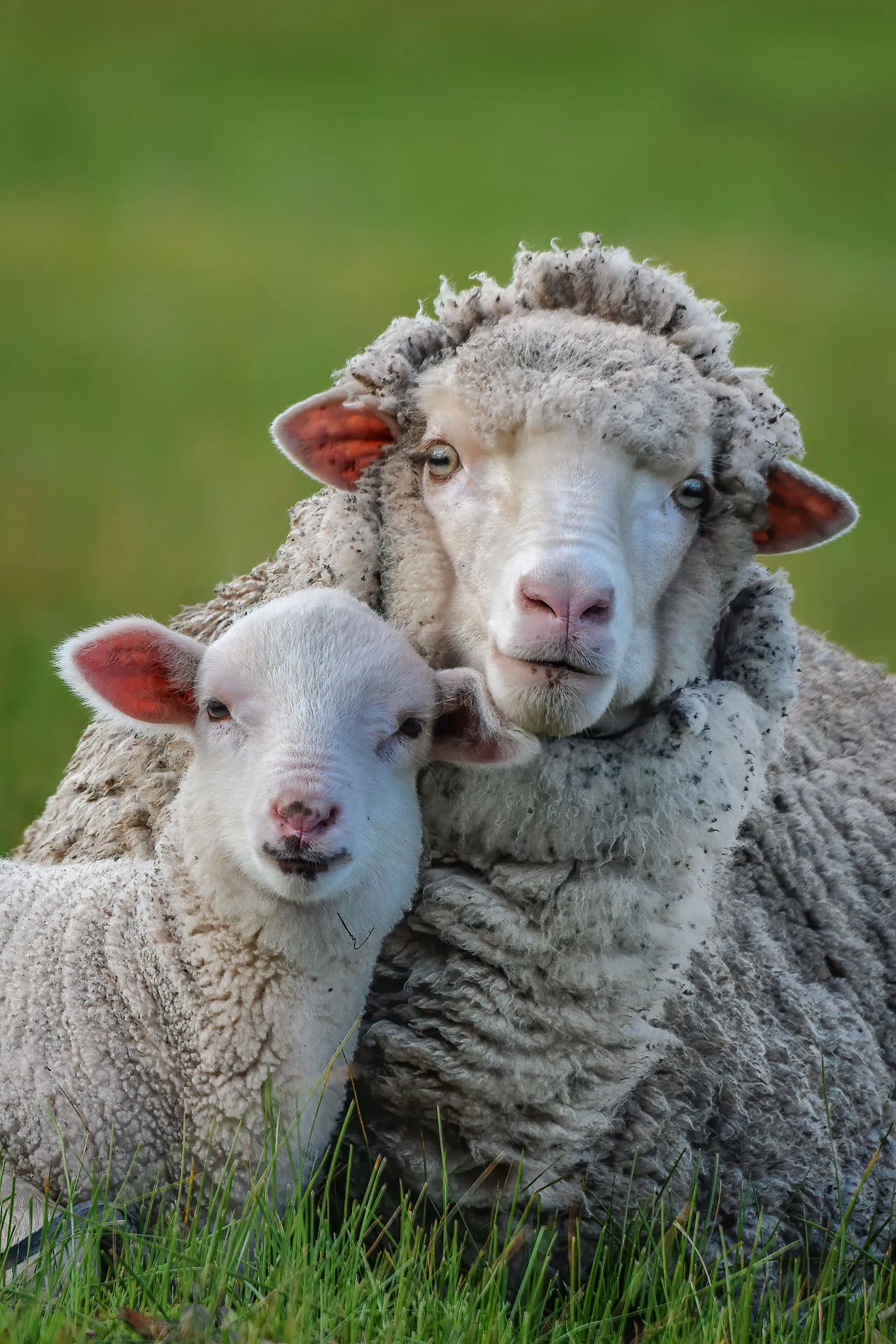 Close-up of an adult sheep and lamb resting on green grass looking towards the camera.