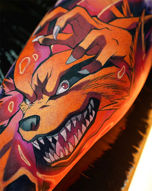 image of intricate sleeve tattoo in tattoo studio's clean environment