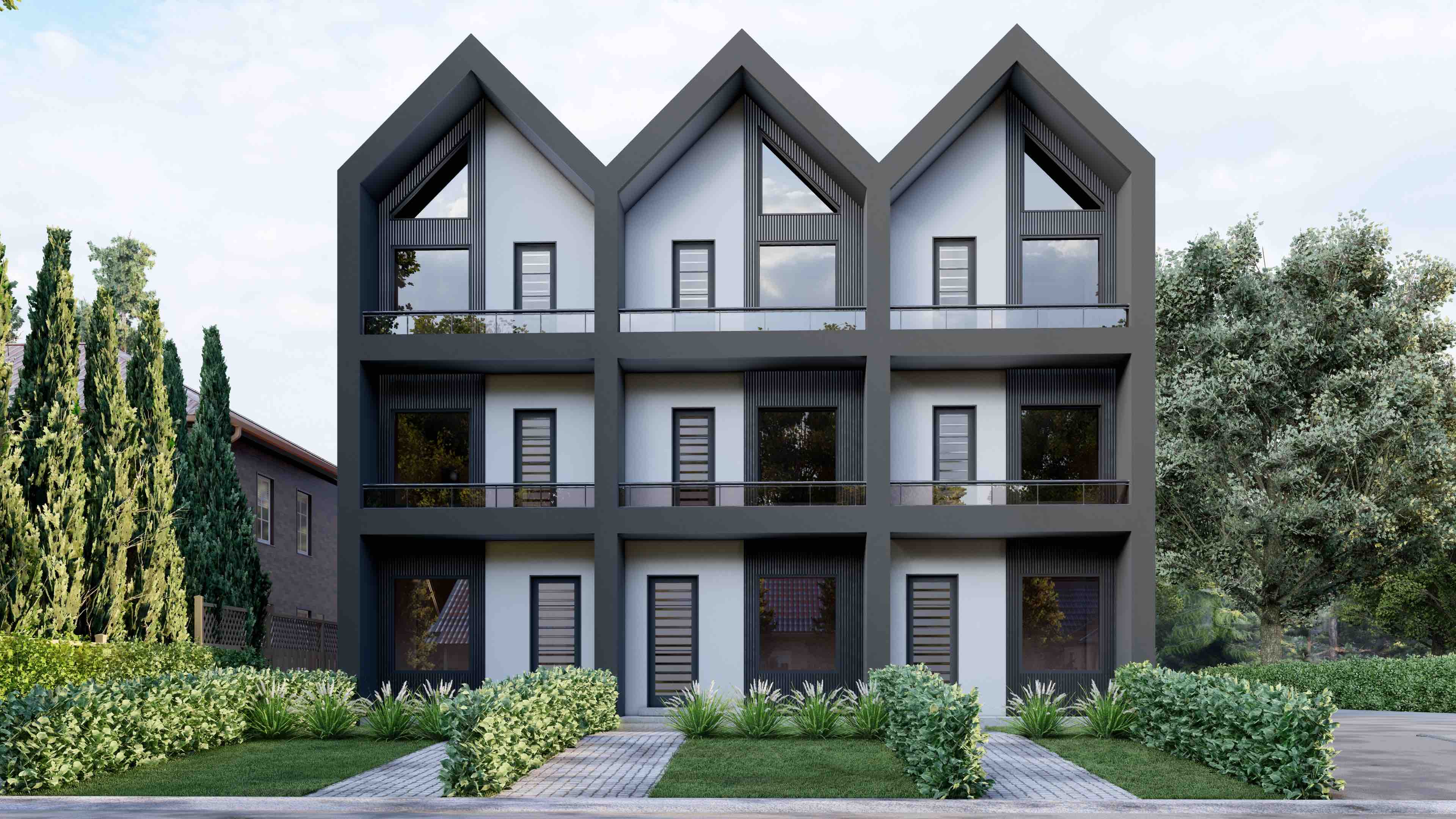 Contemporary multiplex home exterior with modern facade and front entrances