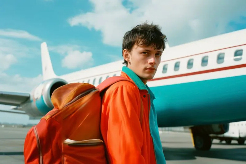 Young traveler wearing a backpack near an airplane, representing Stone Sip Roasters’ on-the-go lifestyle and modern audience.