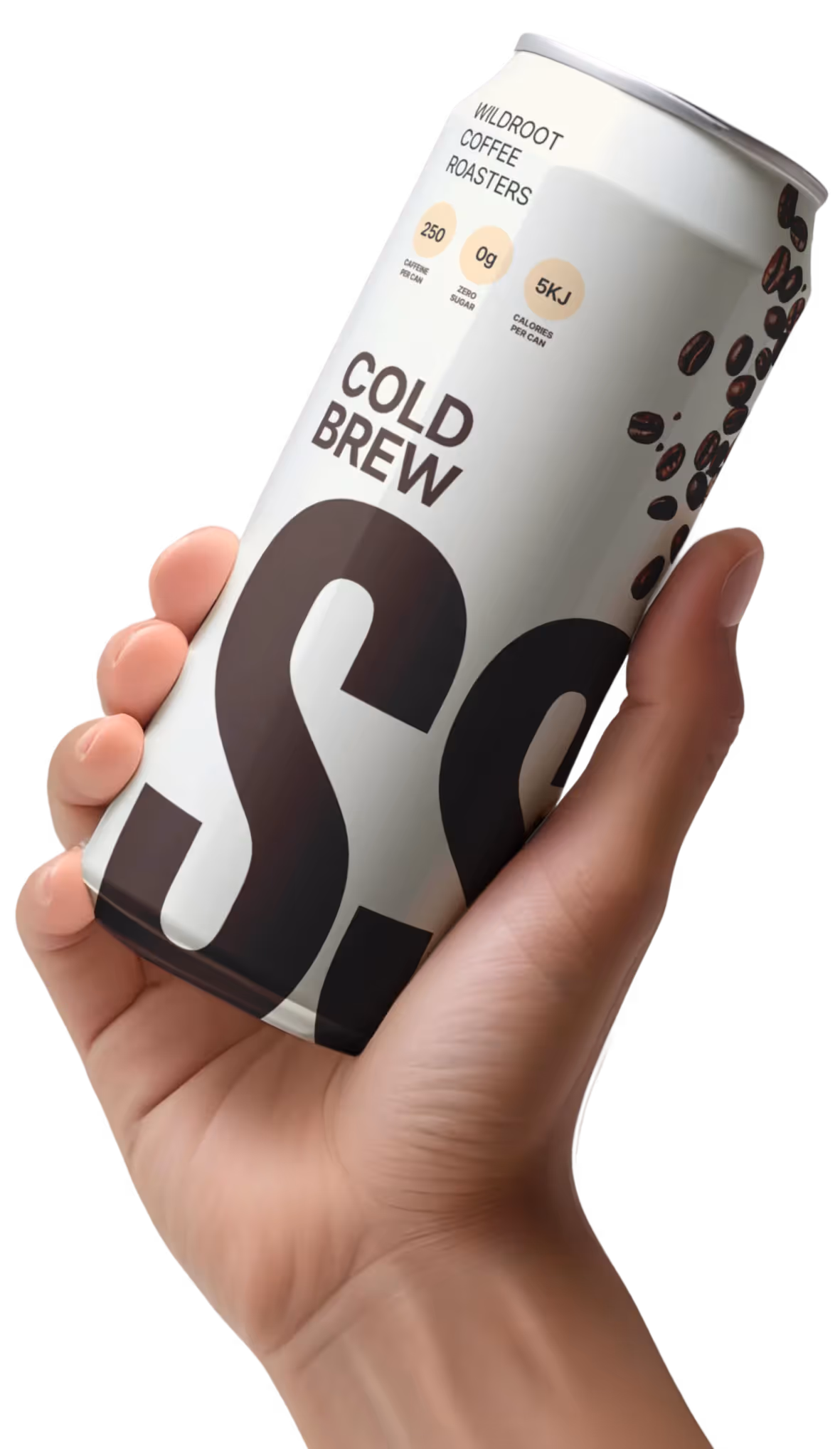 Stone Sip Roasters cold brew can held casually, emphasizing portability and premium design.