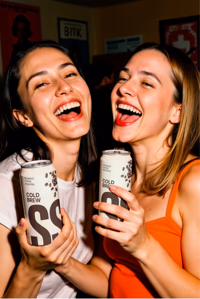 two women laughing and holding stone sip cold brew cans in casual lifestyle setting