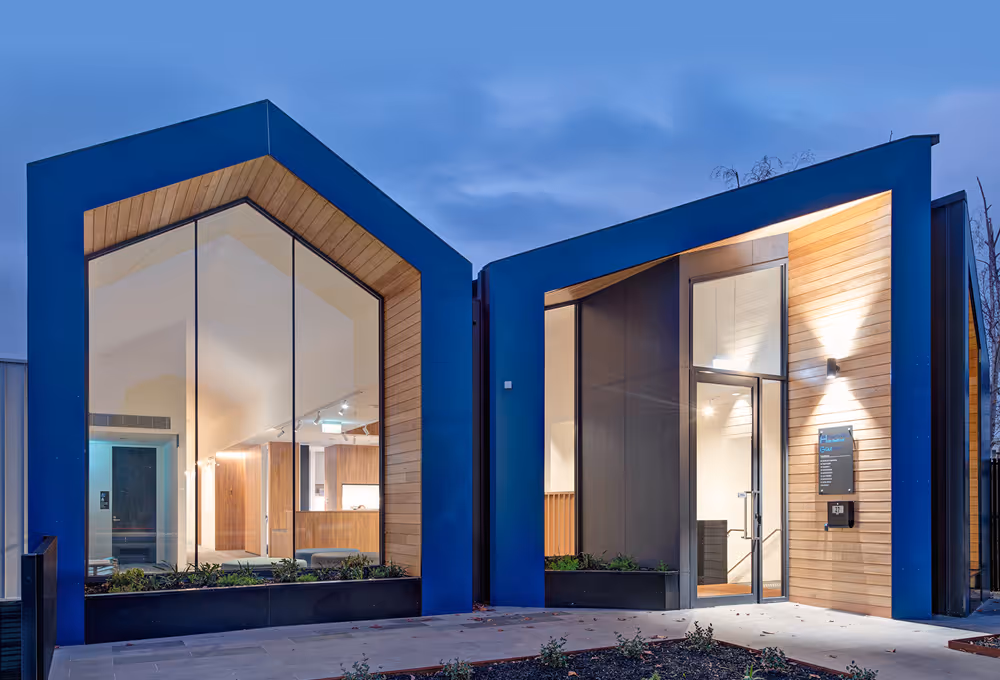 modern building with sharp blue facade