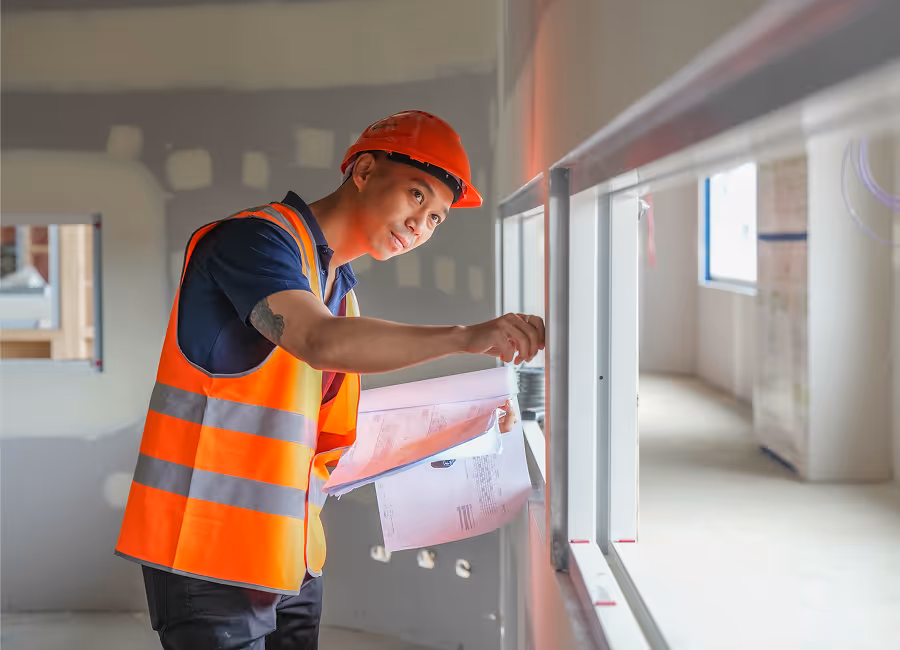 man inspecting building with plans