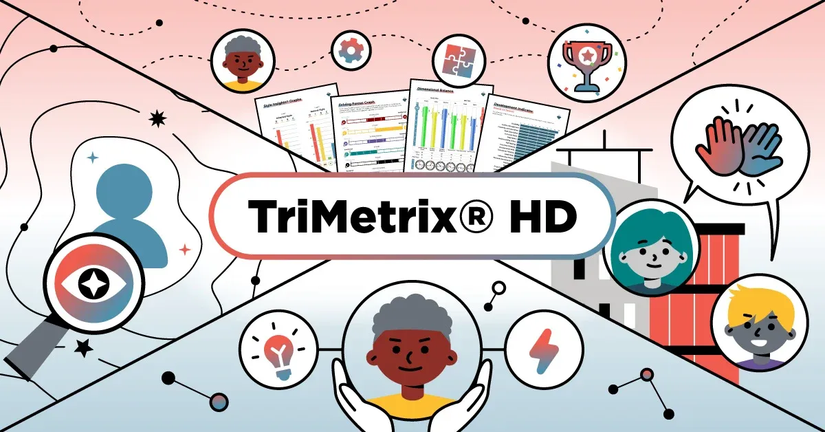 Illustration showing TriMetrix HD logo with icons of people, graphs, and symbols for insight and performance.