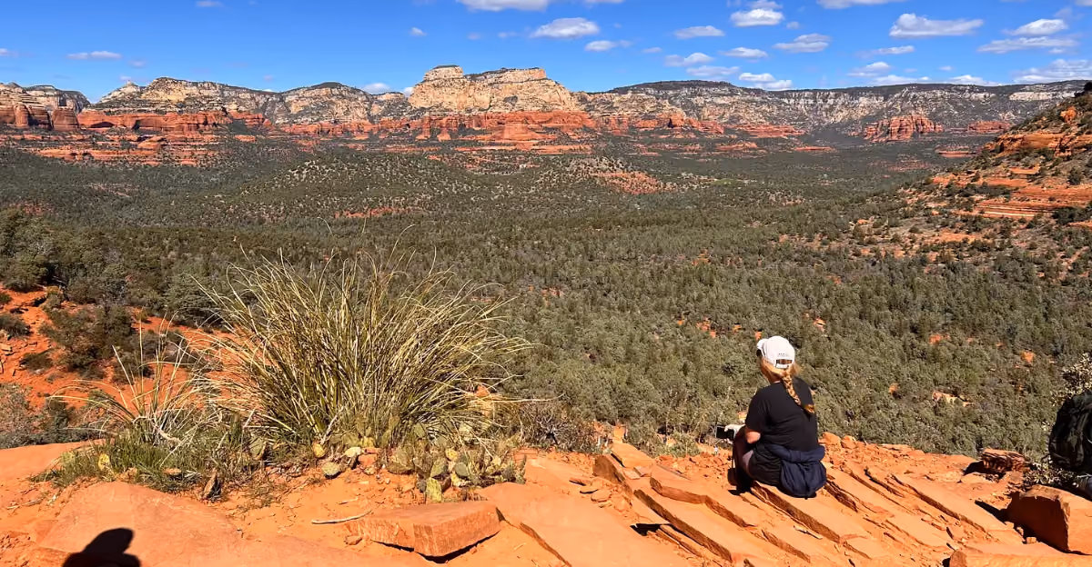 Person sitting on a red rock cliff overlooking a vast forest and red rock mountains under blue sky.