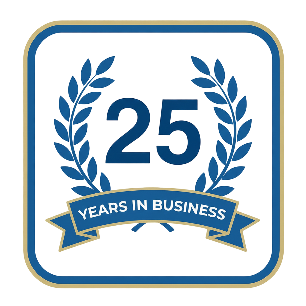 A badge that says 25 years in business