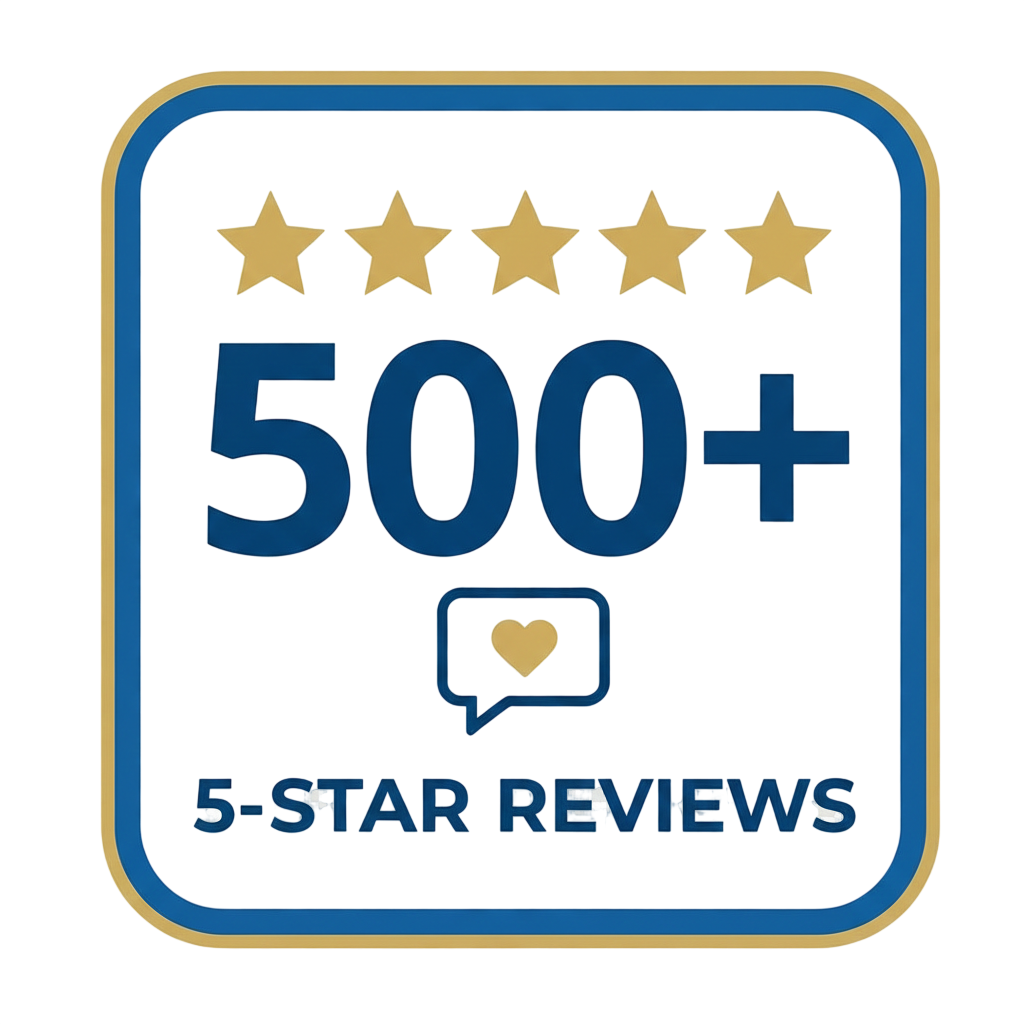 A badge that says 500+ 5 star reviews