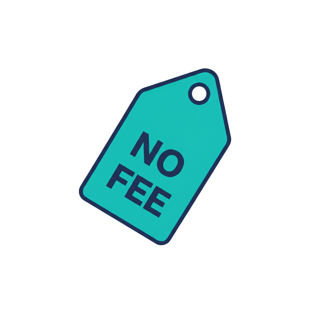 A blue tag that says no fee  