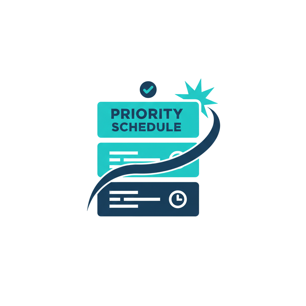 A blue icon showing the bottom schedule slot jumping to the top schedule slot representing priority scheduling