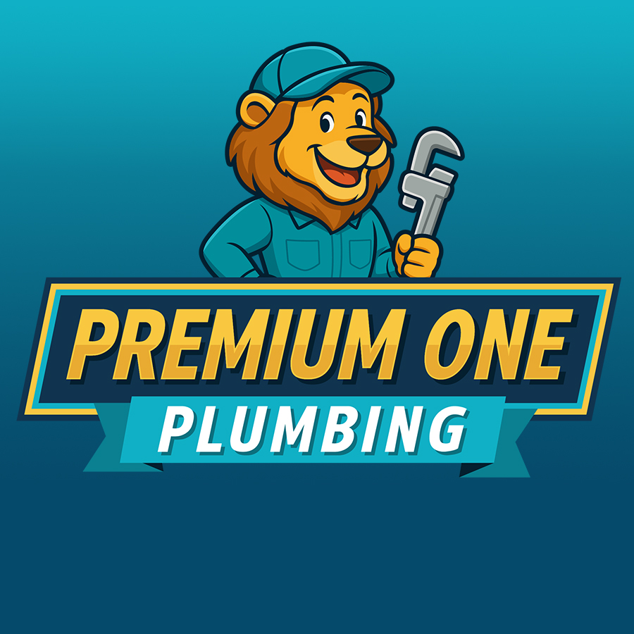Premium One Plumbing logo with its mascot on top with a blue background