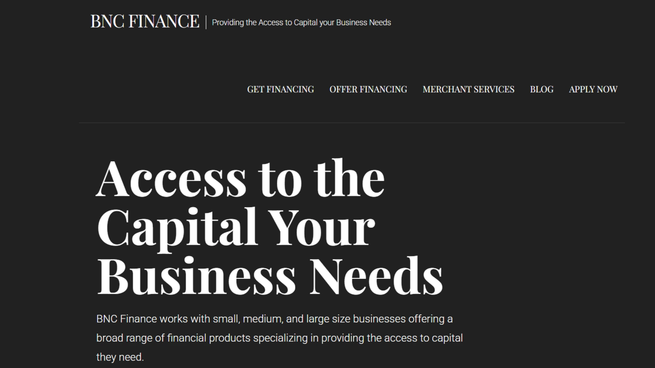 Homepage of BNC Finance.
