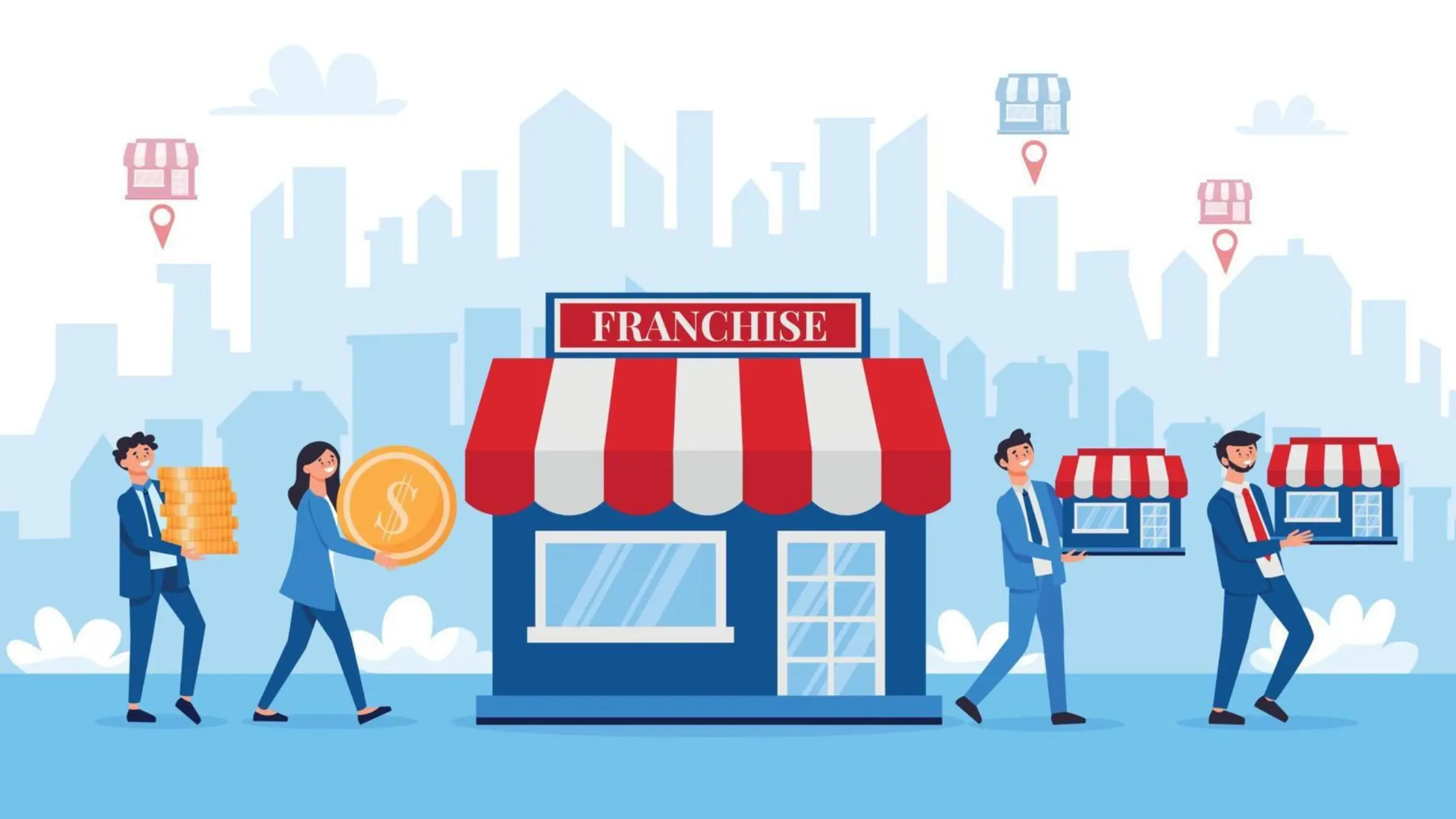 Franchise store illustration with people carrying money and smaller store icons.