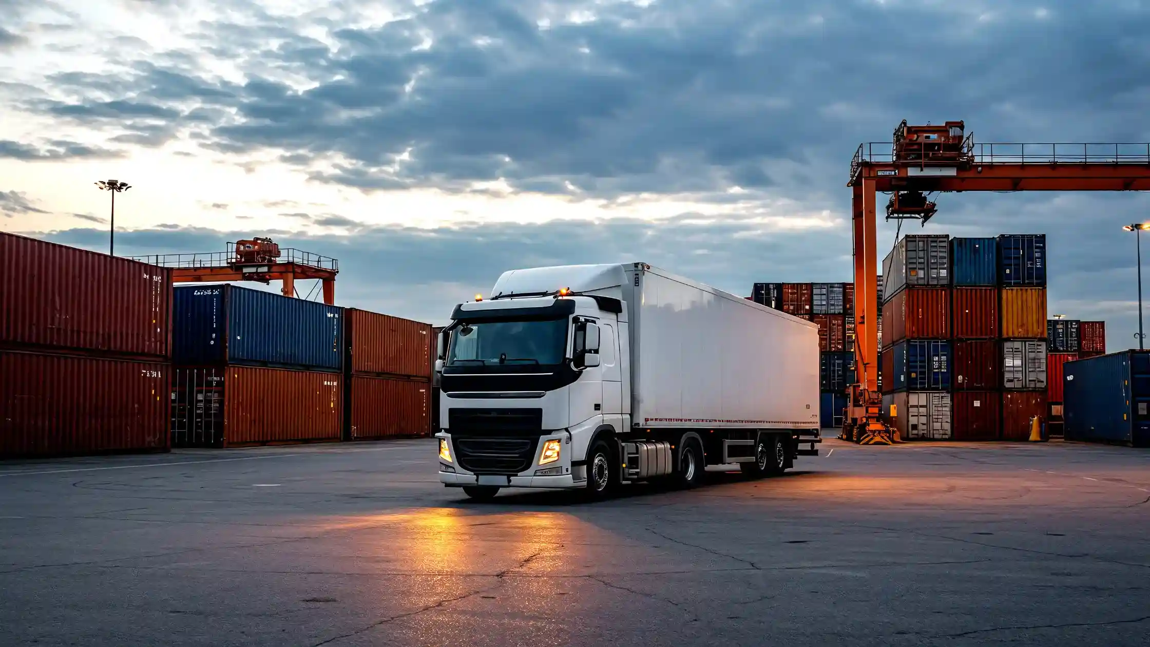 A white semi-truck with a trailer parked in a cargo shipping yard at dusk, surrounded by stacks of colorful containers.