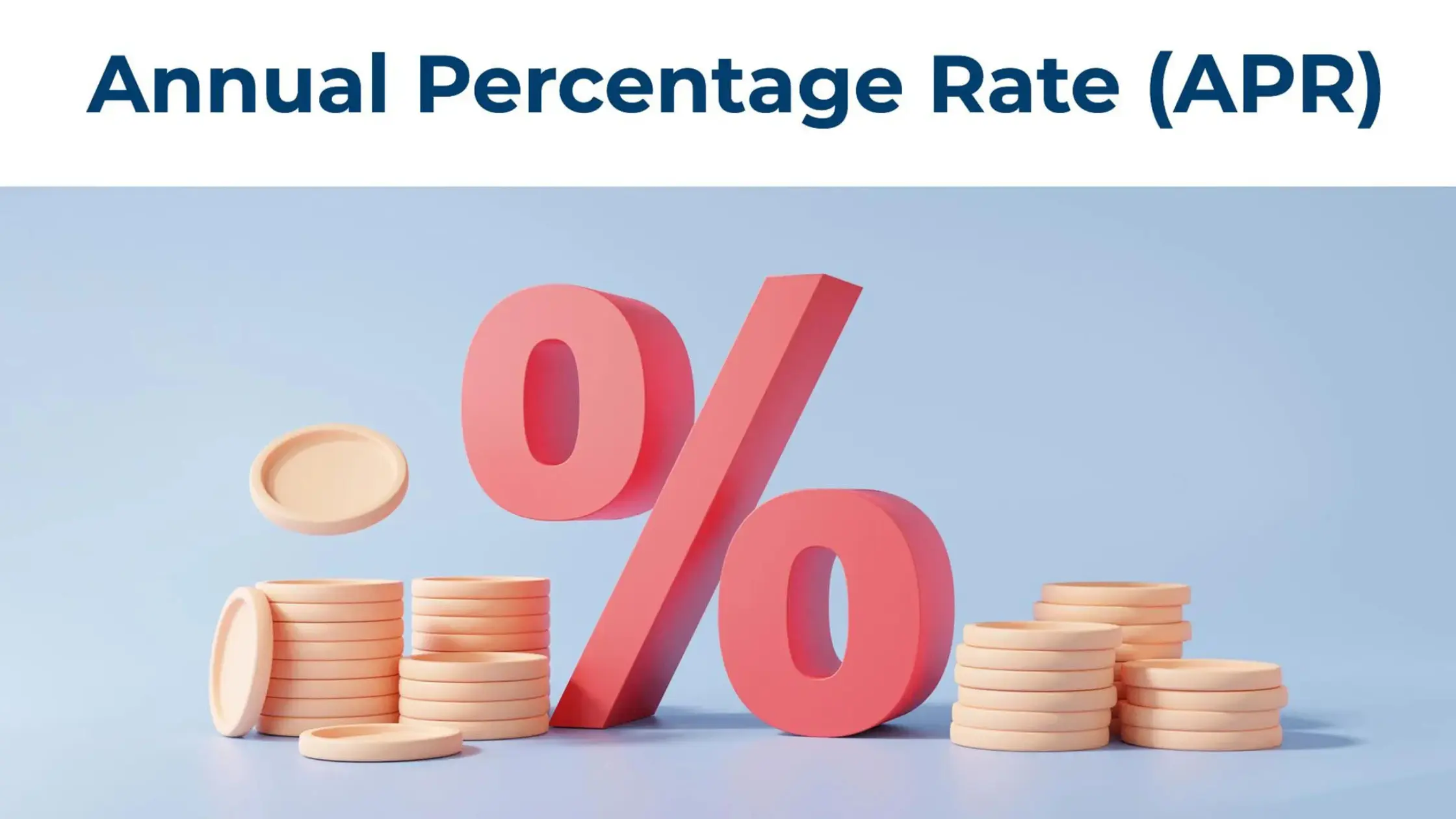 A large, three-dimensional red percentage symbol sits in the center of a light blue background, surrounded by various stacks of gold coins. The title