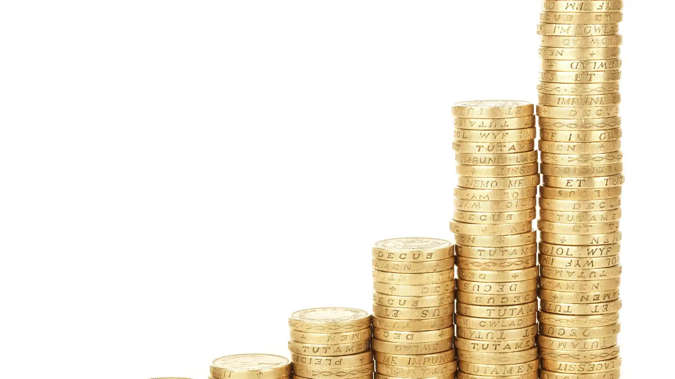 A series of five stacks of gold coins, progressively taller, arranged in a row from left to right on a white background representing interest rate.