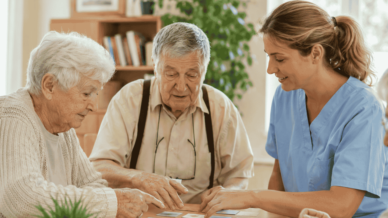 Séance de stimulation cognitive en groupe avec des personnes âgées accompagnées par une professionnelle de santé autour d’un jeu de mémoire.