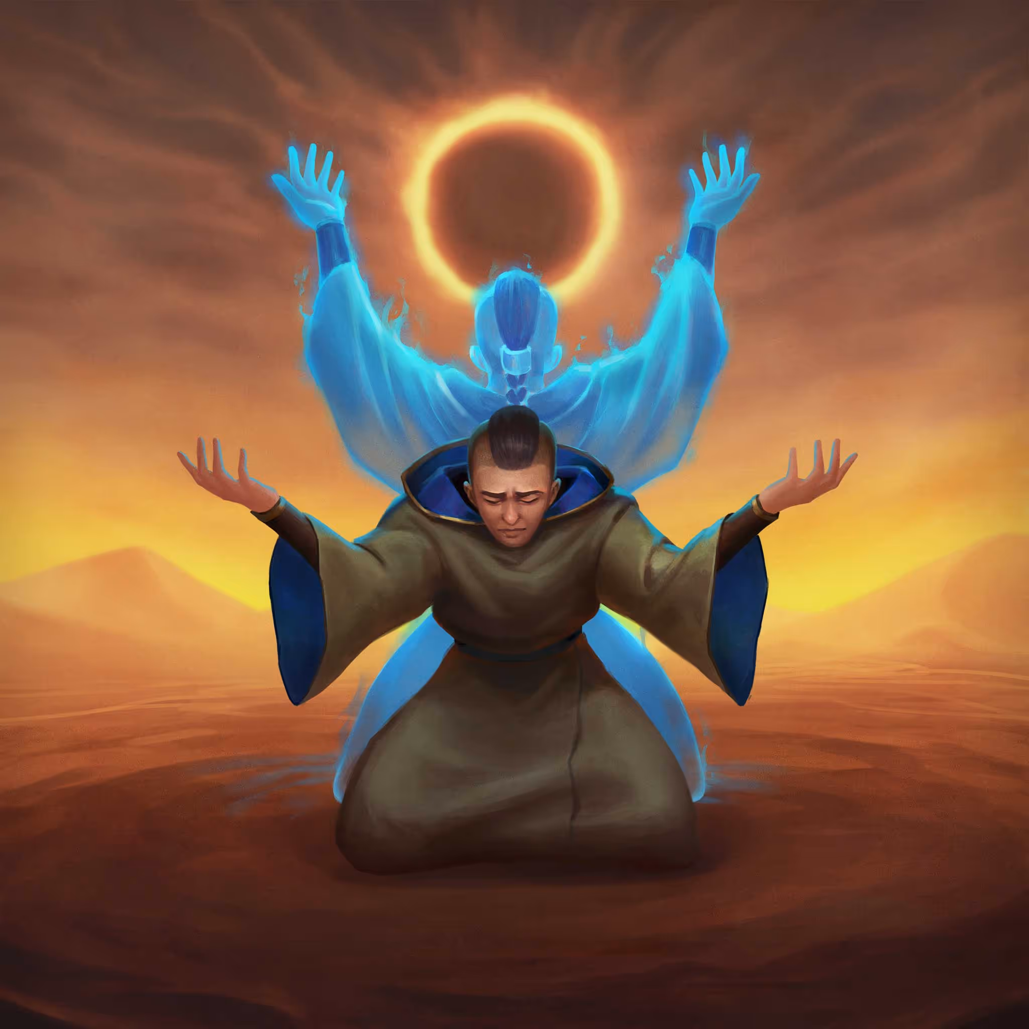 a man praying in the desert with a ghostly echo facing the eclipse