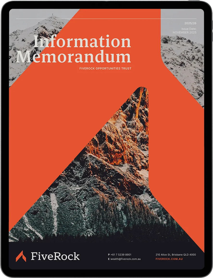 Tablet screen displaying the cover of FiveRock's Information Memorandum for 2025/26, featuring mountain imagery with orange geometric shapes and contact details.