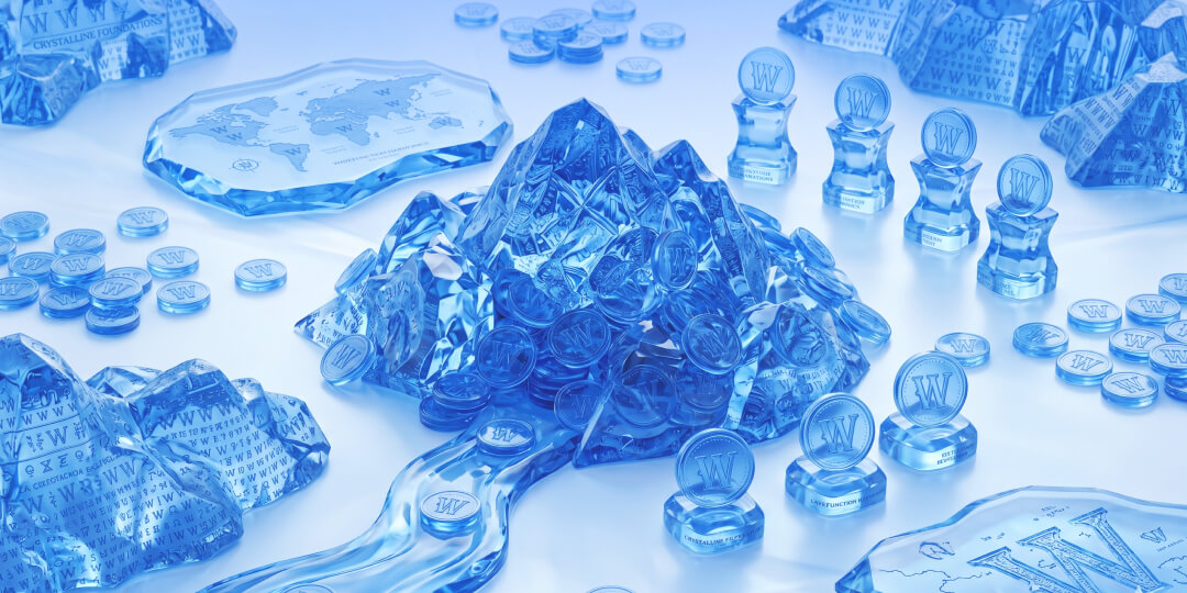 A futuristic blue-toned crystal landscape featuring transparent glass-like mountains, floating tokens, and abstract digital elements inspired by technology, blockchain, and the web ecosystem.