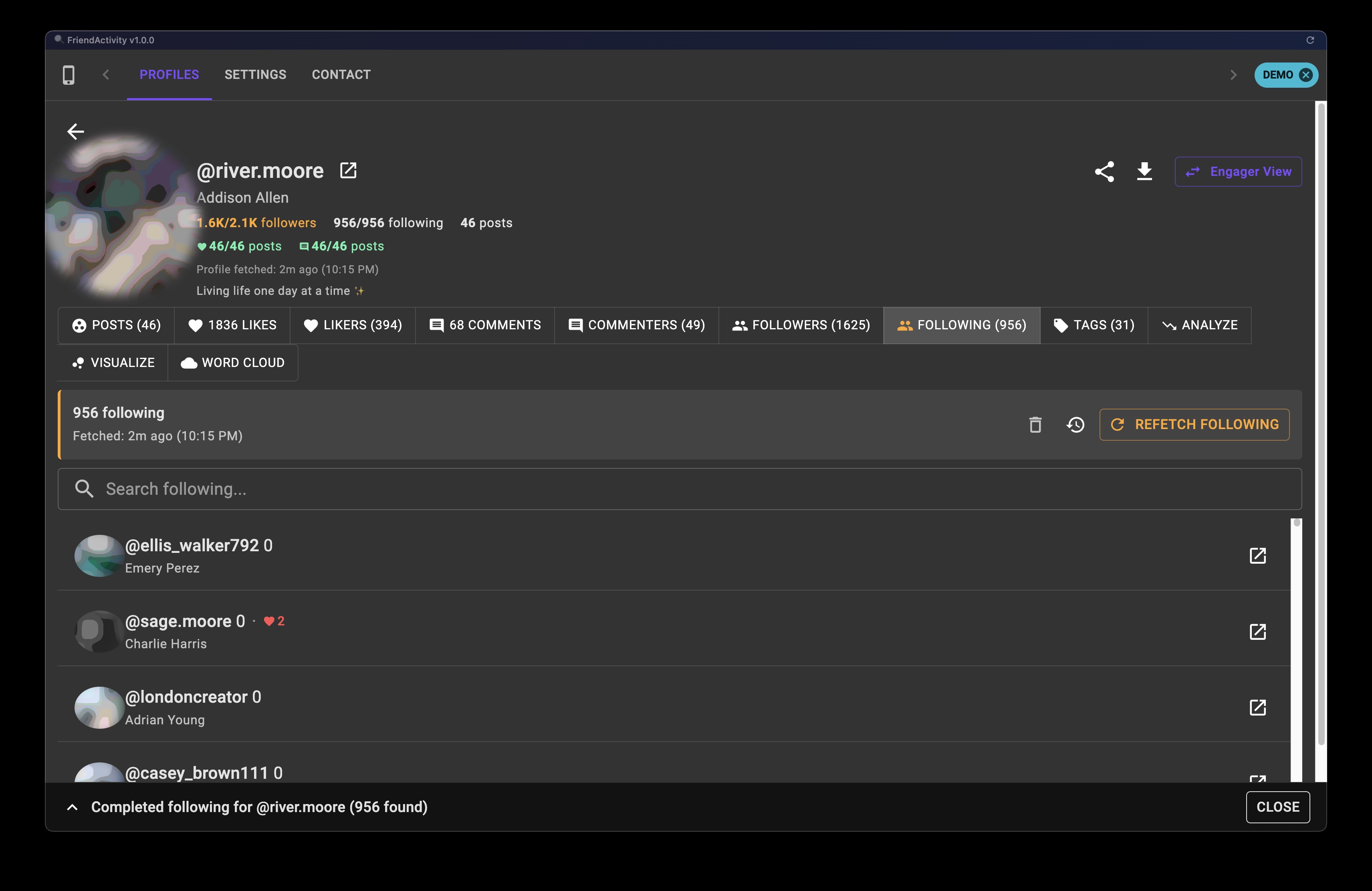 Following Tab Feature Screenshot