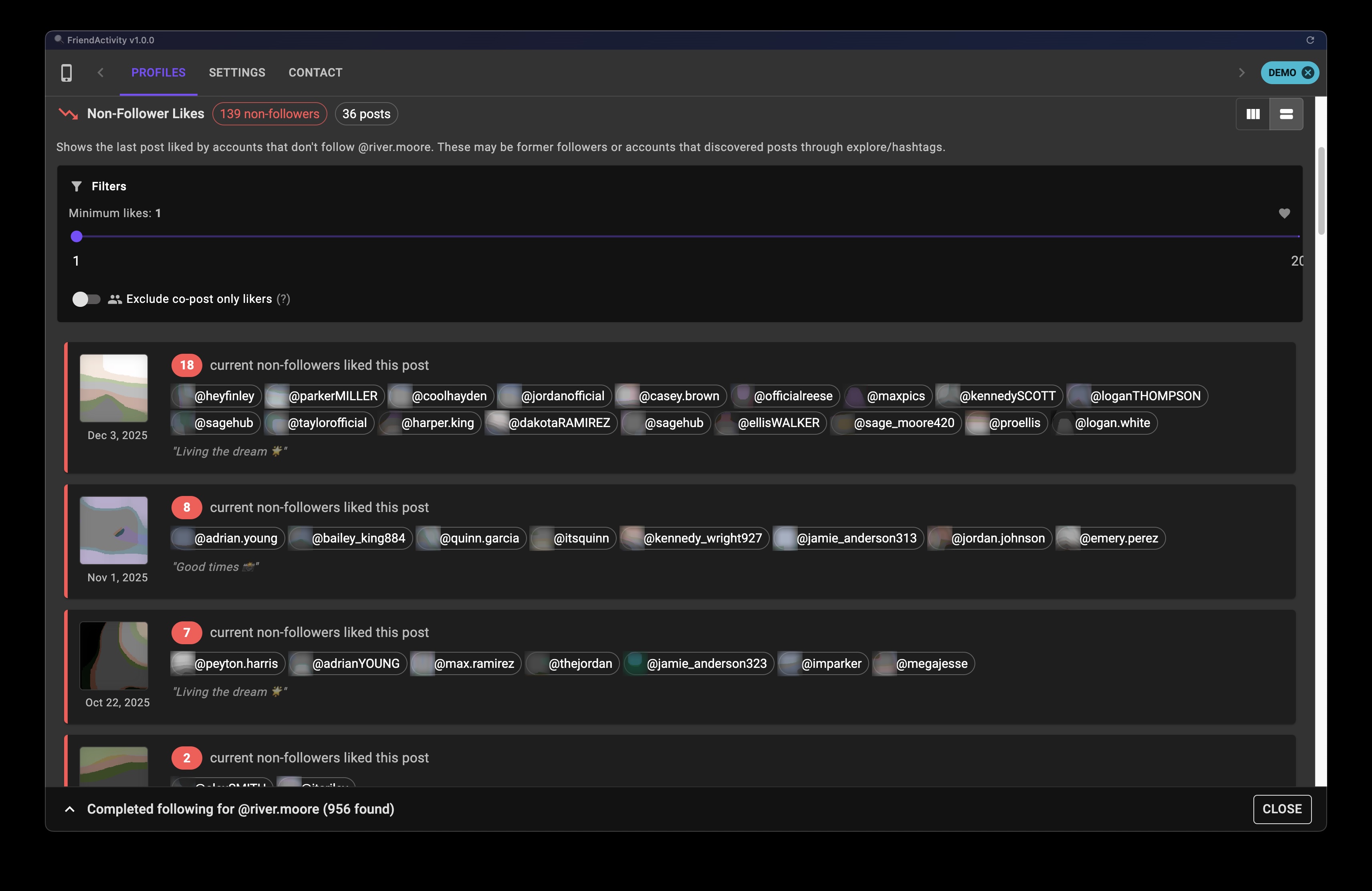 Following Tab Feature Screenshot
