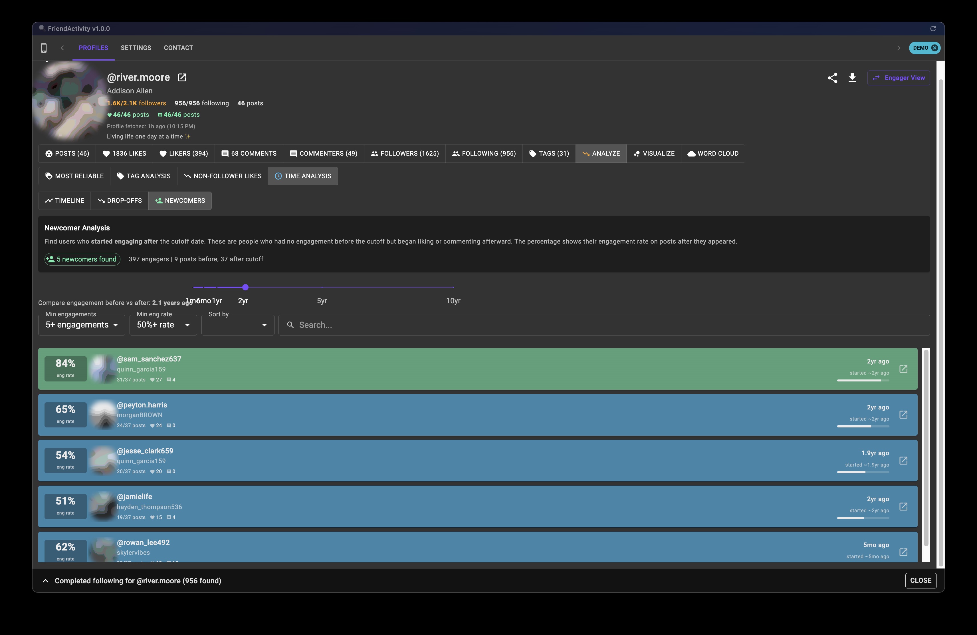 Following Tab Feature Screenshot