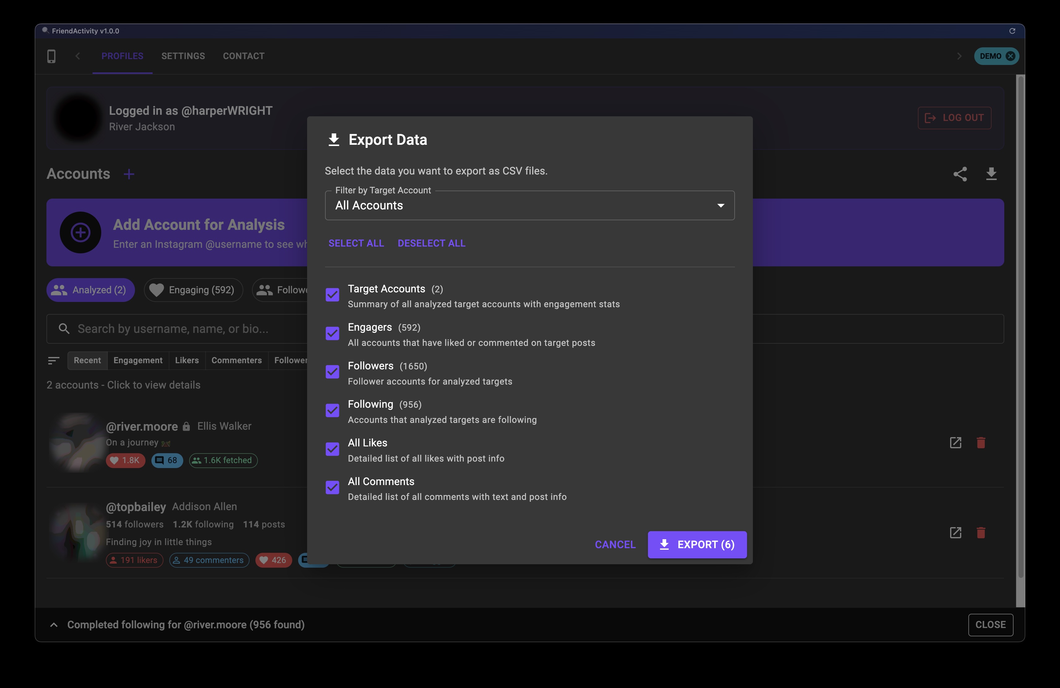 Following Tab Feature Screenshot