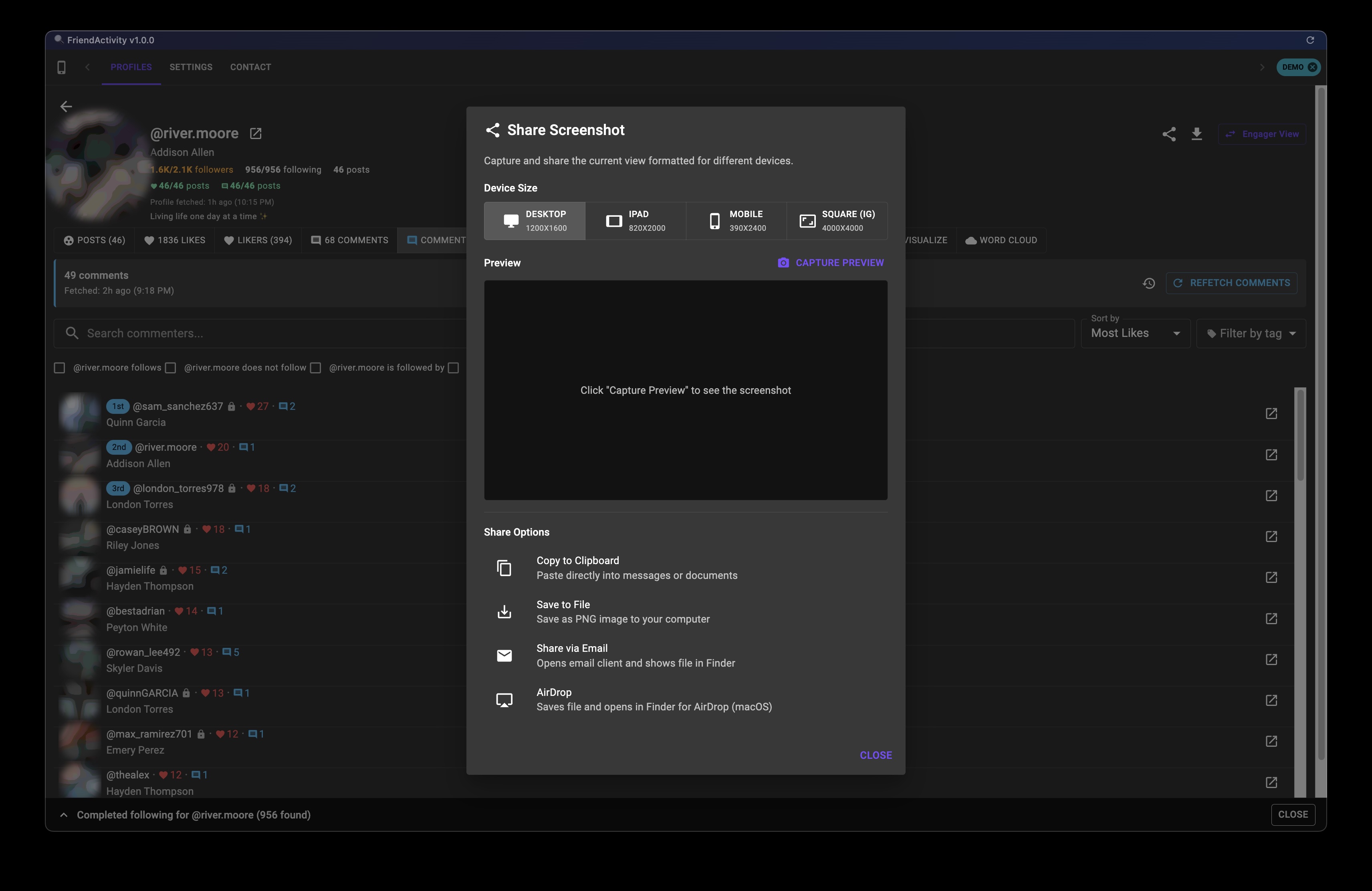 Following Tab Feature Screenshot