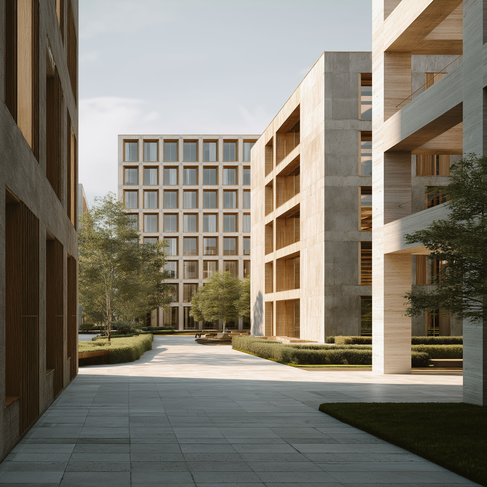 Modern courtyard with light stone buildings, large windows, trees, and benches under clear sky.
