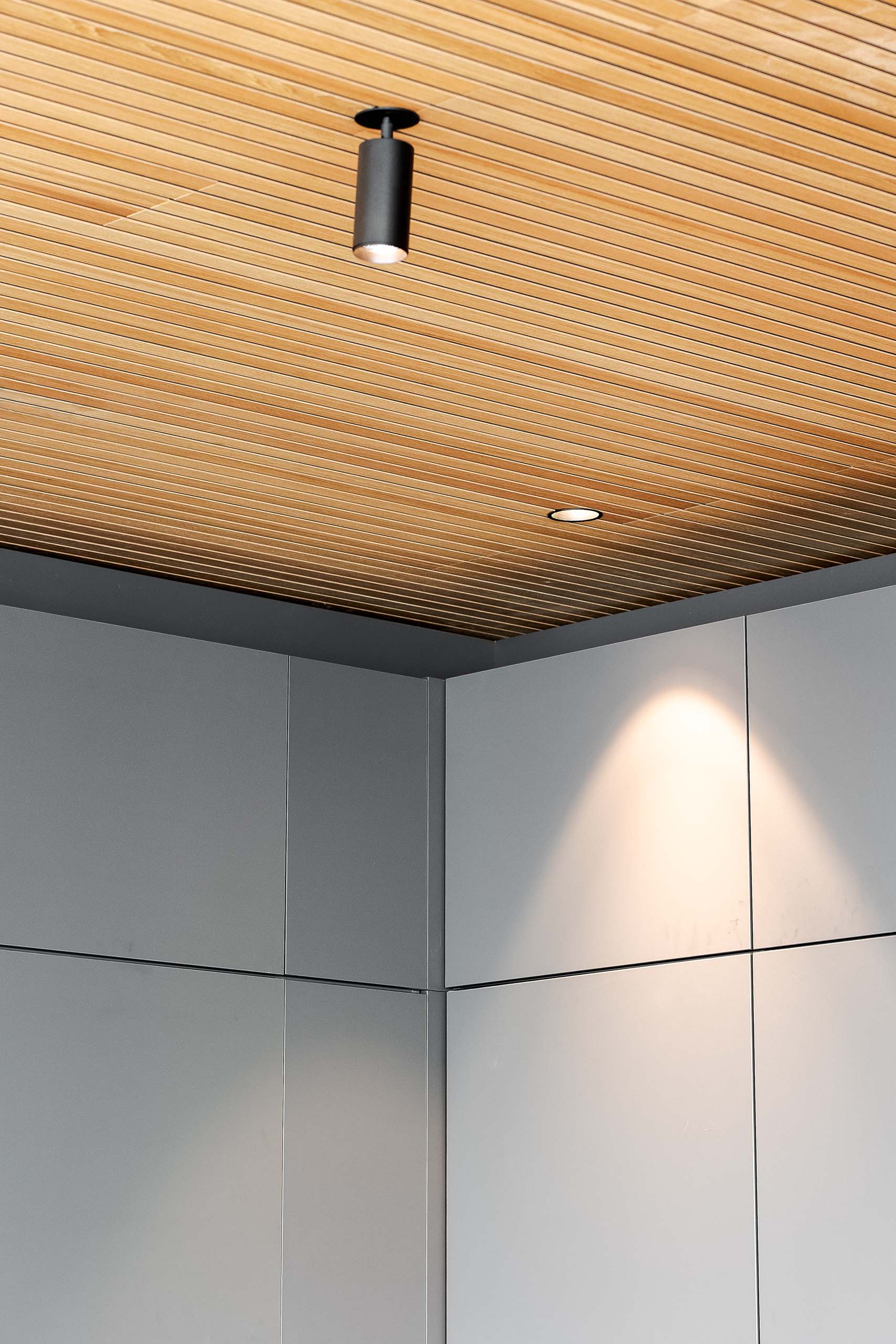 Ceiling corner with wooden slats, a black cylindrical spotlight, a recessed light, and light gray paneled walls.