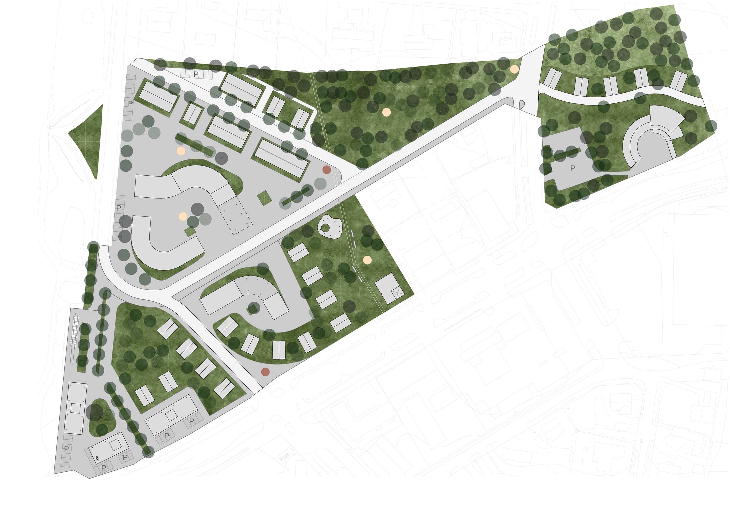 Site plan showing a neighborhood layout with residential buildings, curved roads, parking areas, green spaces with scattered trees, and an amphitheater in the top right corner.