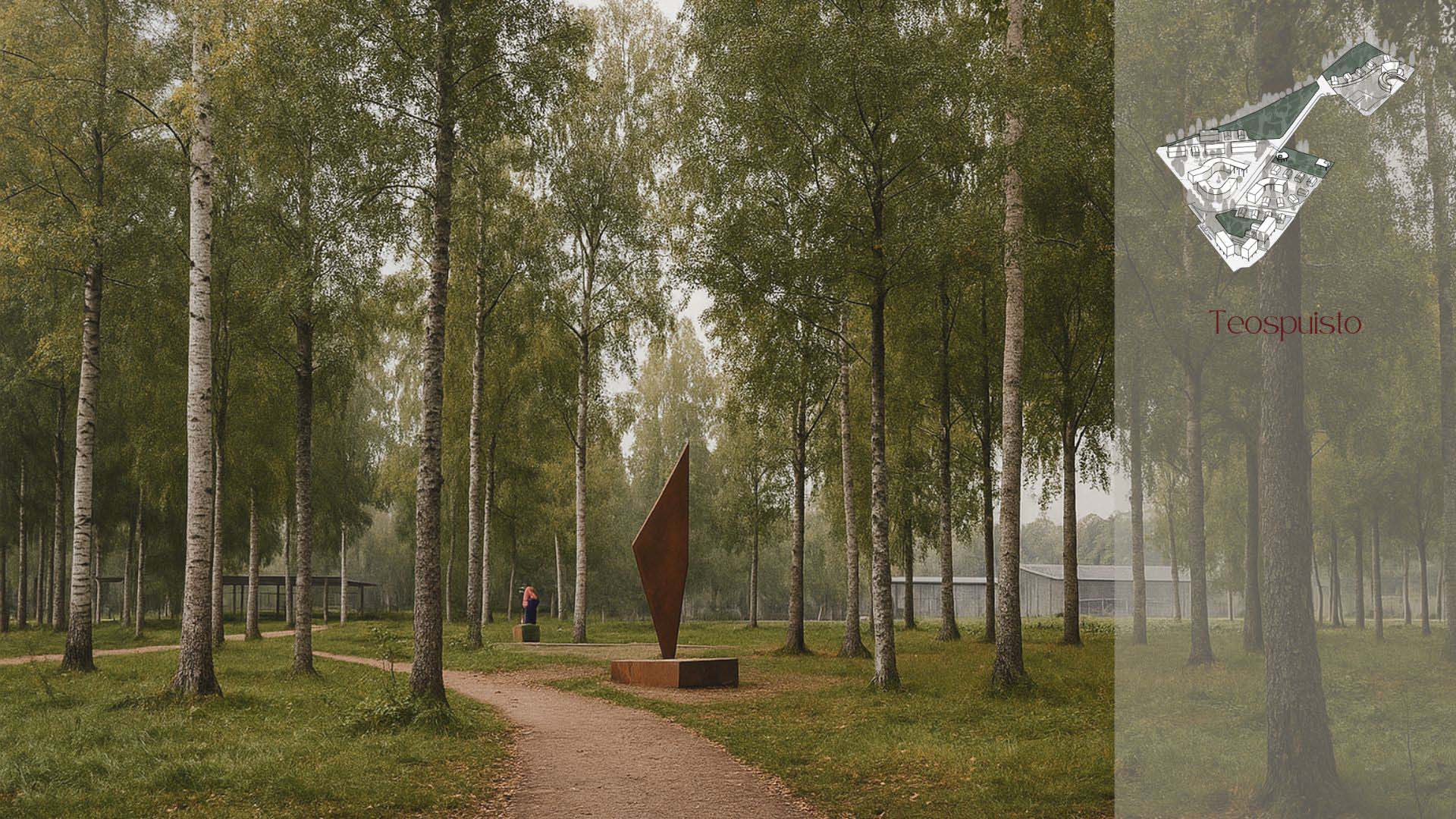 Pathway winding through birch trees with a modern rusty metal sculpture in the center and a person standing in the background.