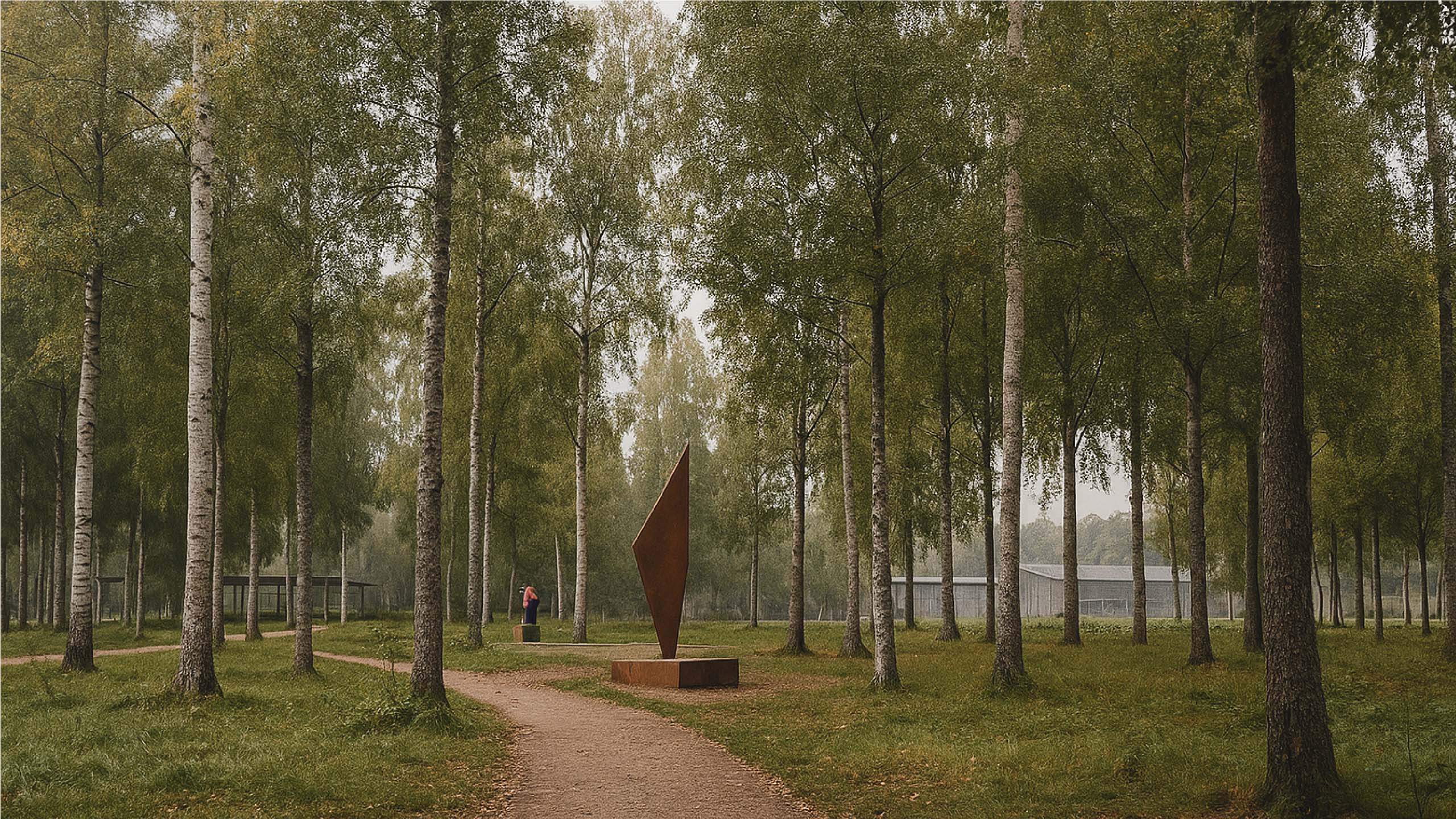 Dirt path curving through a birch forest with a tall, rust-colored geometric sculpture and a person standing near a bench in the background.