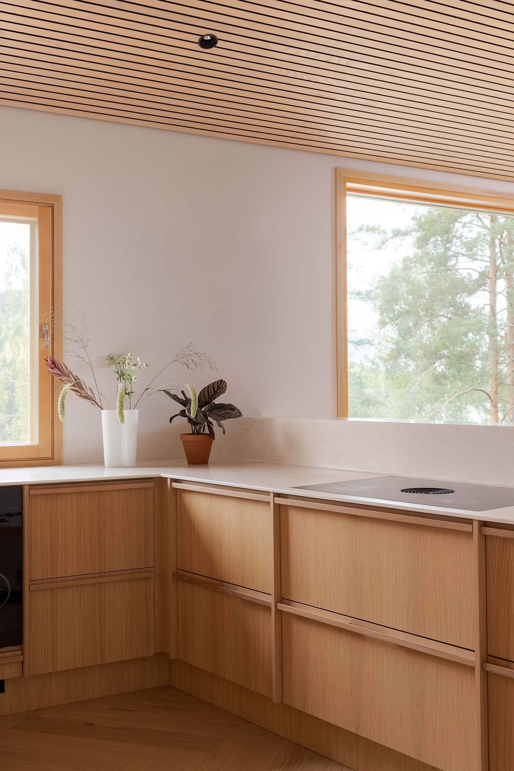 Minimalist kitchen corner with light wood cabinets, white countertop, two vases with plants, and large windows showing trees outside.
