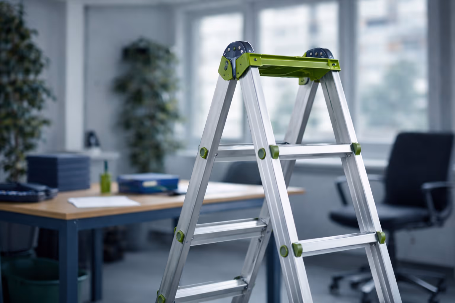 Aluminium-Stehleiter mit grünen Akzenten steht in einem Büro mit Tisch, Stuhl und großen Fenstern im Hintergrund.