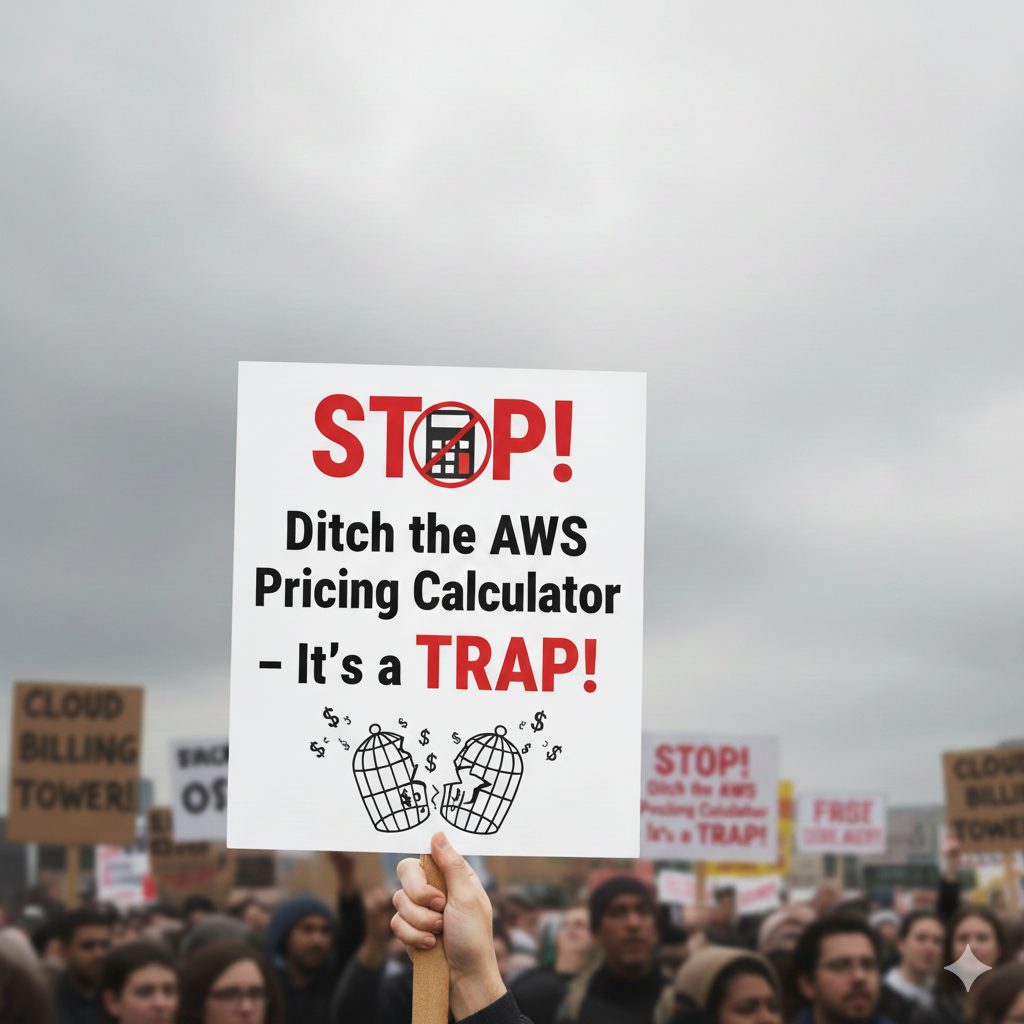 Protest-style illustration warning that AWS pricing calculators can misrepresent real cloud costs