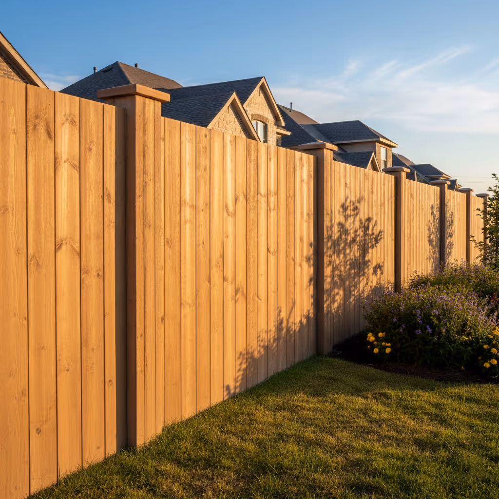 A high, natural wood-tone privacy fence with cap-topped posts separates a lush lawn and flower bed from large suburban houses, seen under a clear blue sky.