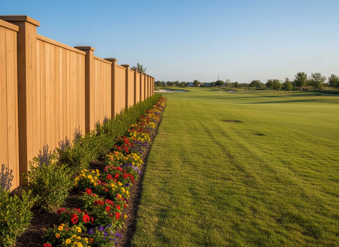 A tall wood-tone privacy fence with posts runs alongside a meticulously maintained border of shrubs and brightly colored flowers. The fence separates the residential area from a vast, sloping green golf course in the distance.