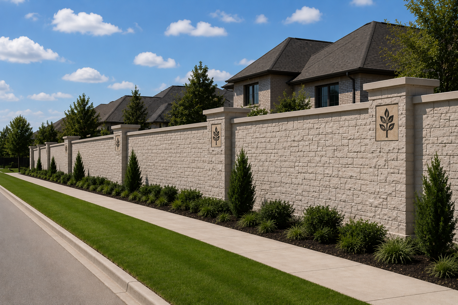 Permacrete precast concrete stone perimeter wall installed in a residential community with decorative identity markers, uniform stone finish, and landscaped streetscape.