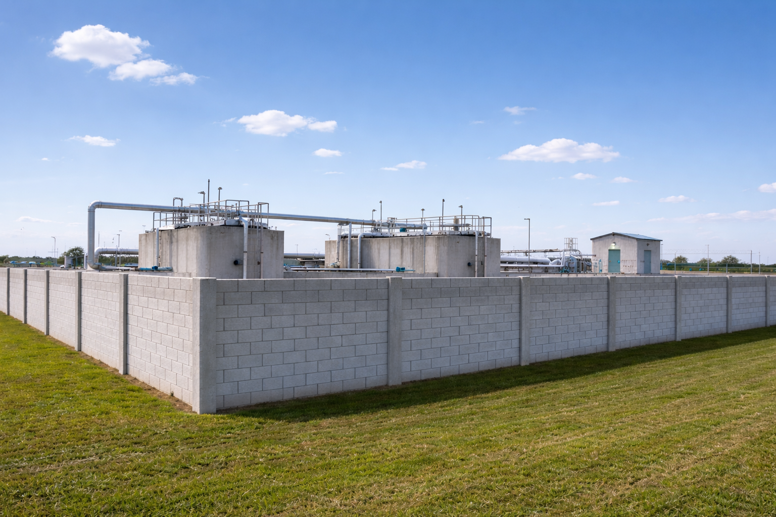 A precast perimeter wall featuring a clean, concrete block-style design, surrounding an industrial utility facility under a bright, clear sky.