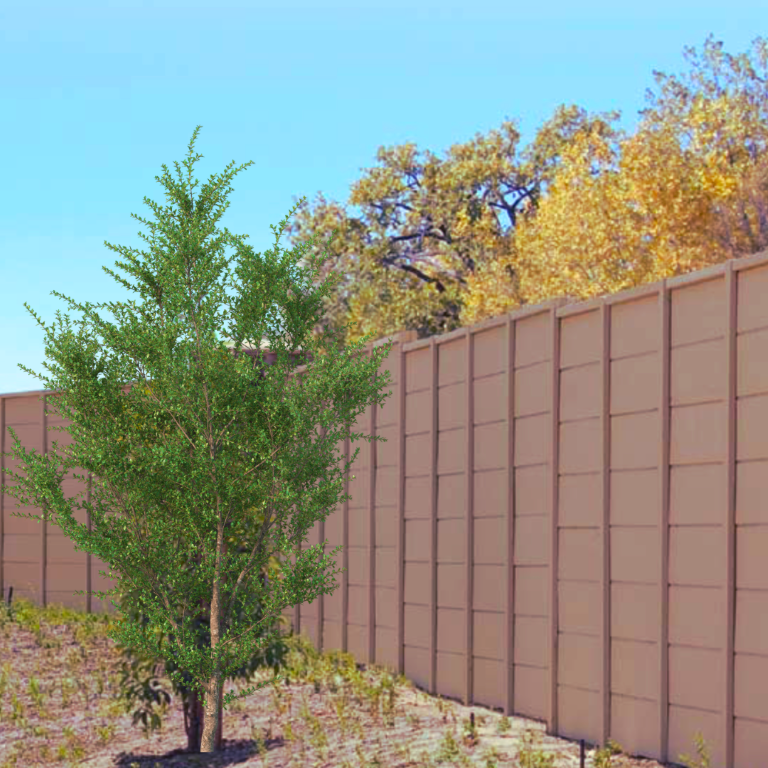 A tall plain tan precast concrete wall made of large vertical panels, running across a slight incline. A small, bushy green shrub stands in the immediate foreground, with deciduous trees visible over the top.