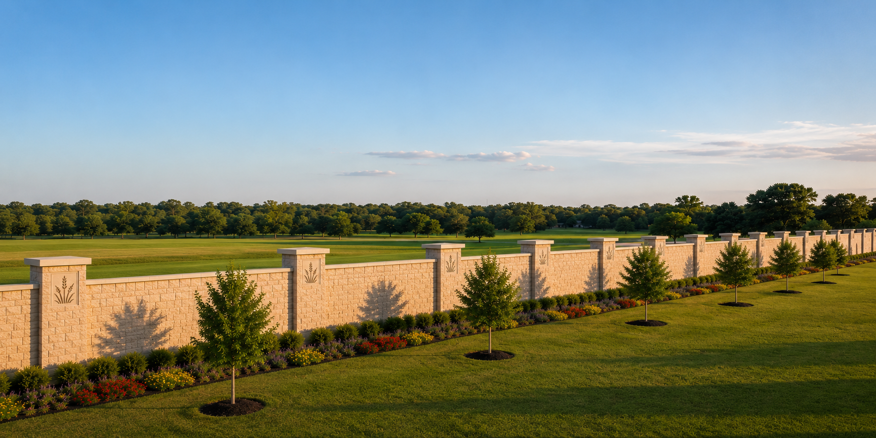 Precast concrete stone-look perimeter fence wall with custom logo columns and landscaped planting bed, set along a manicured green field with trees under a clear blue sky at sunset.