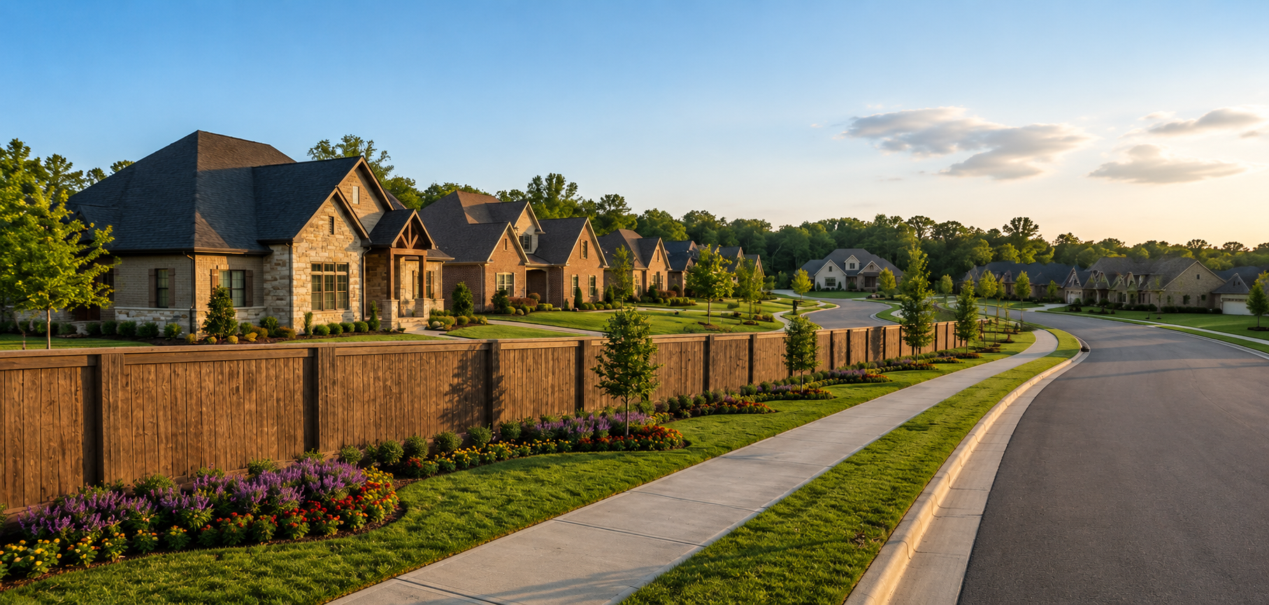 Residential community featuring a decorative wood-look precast concrete privacy fence, landscaped flower beds, sidewalks, and upscale homes in a master-planned neighborhood.