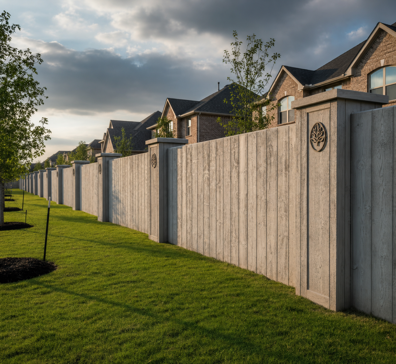 Residential neighborhood featuring a long precast concrete fence with wood-grain finish and decorative community logo emblems on columns, set along manicured lawns and modern brick homes under a cloudy sky.