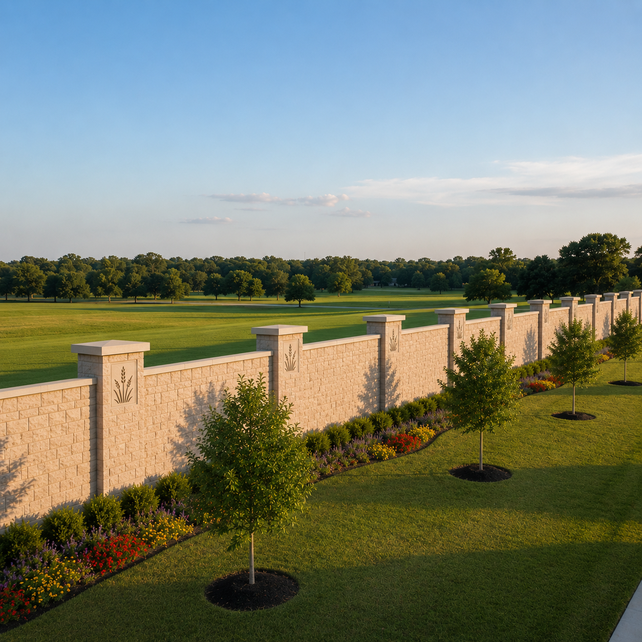 Custom precast concrete stone perimeter wall with custom community identity markers, landscaped flower beds, and mature green space in a master-planned residential community.